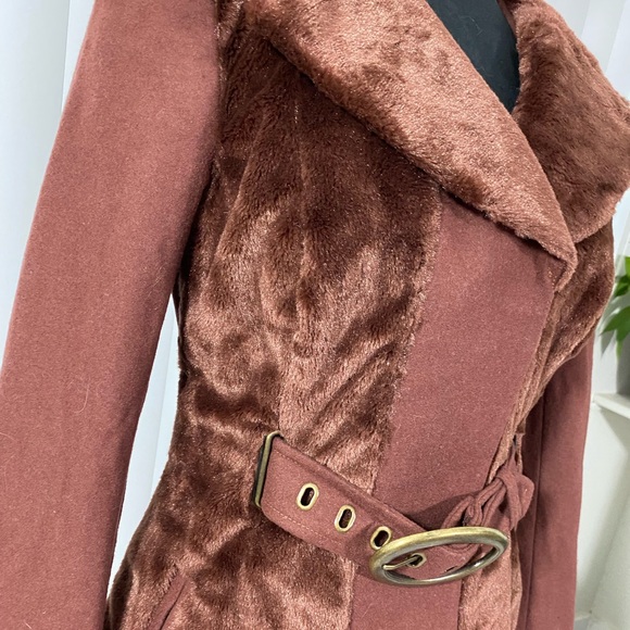 BLANC NOIR Sample Faux Fur Blocked Wool Car Coat Jacket Belted Midi Brown Small - Picture 9 of 12